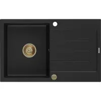 Mexen Bruno granieten spoelbak 1-kompartiment met afdruiprek 795 x 495 , zwart, gouden sifon - 6513791010-77-G