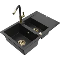 Mexen Gaspar granieten spoelbak 1,5-komor met afdruiprek en keukenmengkraan Flora, zwart/zilver - 6507-73-670401-57-G