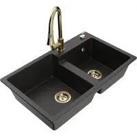 Mexen Tomas granieten dubbele spoelbak met keukenkraan Elia, zwart/goud metallic - 6516-75-670101-50