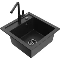 Mexen Vito granieten spoelbak met 1 bak met Flora keukenmengkraan, zwart/zilver metallic - 6503-73-670401-70-B