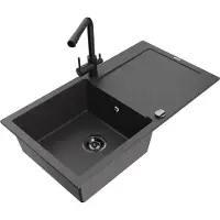 Mexen Leo granieten spoelbak 1-komorige met druiprek en keukenkraan Duero, zwart gespikkeld - 6501-76-671600-70-B