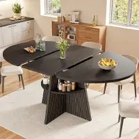 OKWISH Uitschuifbare Eettafel - Van Rond Naar Lang - Met Open Opbergvak - MDF Zwart - 110-150 x 110 x 76 cm
