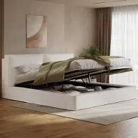 STILVORA Gestoffeerd Bed 180x200 cm – Hydraulisch Opbergbed Met Lattenbodem – Hoog Hoofdbord – Tweepersoons Bouclé Bed – Beige – Zonder Matras