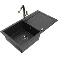 Mexen Leo granieten spoelbak 1-kamer met afdruiprek en keukenmengkraan Flora, zwart/zilver metallic - 6501-73-670401-57-B