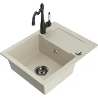Mexen Enzo granieten spoelbak 1-komers met afdruiprek en keukenkraan Carla, beige - 6506-69-670700-70