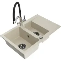 Mexen Gaspar granieten gootsteen 1,5-kamer met afdruiprek en keukenkraan Duo, beige - 6507-69-671701-07-B