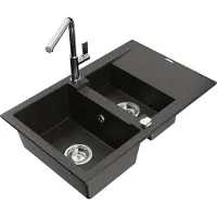 Mexen Gaspar granieten spoelbak 1,5-kamer met afdruiprek en keukenmengkraan Flora, zwart/gouden metallic - 6507-75-670401-00