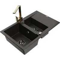 Mexen Gaspar granieten spoelbak 1,5-komor met afdruiprek en keukenmengkraan Rita, zwart/goud - 6507-75-670300-50-B