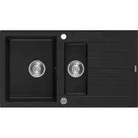 Mexen Matias granieten gootsteen 1,5-komor met afdruiprek 900 x 505 , zwart, sifon chroom - 6502901505-77