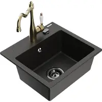 Mexen Milo granieten gootsteen met 1 kom en Carla keukenkraan, zwart/goud metallic - 6505-75-670700-50-B