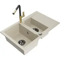 Mexen Gaspar granieten spoelbak 1,5-komorige met afdruipplaat en keukenmengkraan Flora, beige - 6507-69-670401-57-B