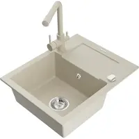 Mexen Enzo granieten gootsteen 1-komorige met afdruiprek en keukenmengkraan Duero, beige - 6506-69-671600-69