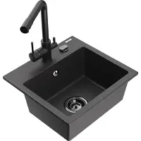 Mexen Milo granieten spoelbak 1-komor met keukenkraan Duero, zwart gespetterd - 6505-76-671600-70-B
