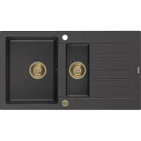 Mexen Matias granieten spoelbak 1,5-kamer met afdruiprek 900 x 505 , zwart gevlekt, gouden sifon - 6502901505-76-G