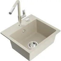 Mexen Milo granieten spoelbak 1-kamer met keukenkraan Flora, beige - 6505-69-670401-09