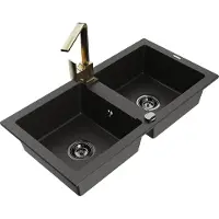 Mexen Mario granieten gootsteen 2-kamer met keukenmengkraan Rita, zwart/goud metallic - 6504-75-670300-50-B