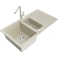 Mexen Matias granieten gootsteen 1,5-kamer met druiprek en keukenmengkraan Flora, beige - 6502-69-670401-09