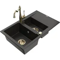 Mexen Gaspar granieten gootsteen 1,5-kamer met afdruiprek en keukenmengkraan Carla, zwart/goud metallic - 6507-75-670700-50