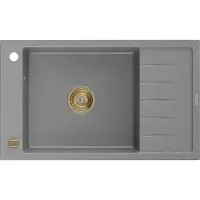 Mexen Elias enkele granieten gootsteen met afdruiprek 795 x 480 , grijs, gouden sifon - 6511791005-71-G