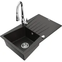 Mexen Cesar enkele granieten spoelbak met afdruiprek en keukenmengkraan Savita, zwart/goud metallic - 6514-75-672601-00