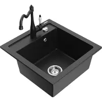 Mexen Vito granieten spoelbak 1-komerig met keukenkraan Carla, zwart/zilver metallic - 6503-73-670700-70