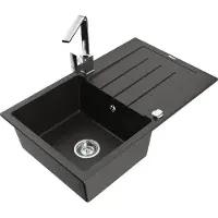 Mexen Bruno granieten spoelbak met 1 bakje en afdruiprek en keukenmengkraan Rita, zwart/goud metallic - 6513-75-670300-00