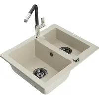 Mexen Carlos granieten spoelbak 1,5-komorige met keukenmengkraan Flora, beige - 6518-69-670401-07-B