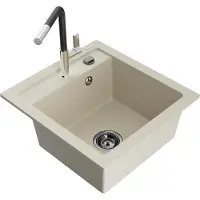 Mexen Vito granieten gootsteen met 1 bak en Flora keukenmengkraan, beige - 6503-69-670401-07-B
