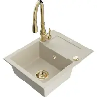 Mexen Enzo granieten spoelbak met 1 bak met afdruiprek en keukenmengkraan Savita, beige - 6506-69-672601-50