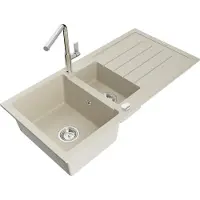 Mexen Andres granieten gootsteen 1,5-kamer met afdruiprek en keukenkraan Flora, beige - 6515-69-670401-00