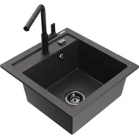 Mexen Vito granieten spoelbak met 1 bak en Flora keukenkraan, zwart gespikkeld - 6503-76-670401-70-B