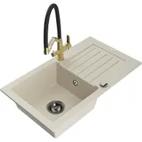 Mexen Pablo granieten gootsteen 1-komors met afdruiprek en keukenmengkraan Duo, beige - 6510-69-671701-57-B