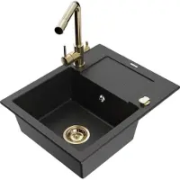 Mexen Enzo granieten gootsteen met 1 bak, afdruiprek en Duero keukenkraan, zwart/zilver metallic - 6506-73-671600-50