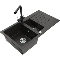 Mexen Matias granieten spoelbak 1,5-vaks met afdruiprek en keukenkraan Duero, zwart/goud metallic - 6502-75-671600-70