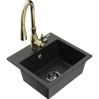 Mexen Milo granieten gootsteen 1-komerig met keukenkraan Savita, zwart/goud metallic- 6505-75-672601-50-B
