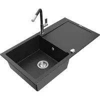 Mexen Leo granieten spoelbak 1-komertig met afdruiprek en keukenkraan Flora, zwart/zilver metallic - 6501-73-670401-07