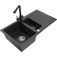 Mexen Matias granieten spoelbak 1,5-komor met afdruiprek en Duero keukenmengkraan, zwart/zilver metallic- 6502-73-671600-70
