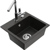 Mexen Milo granieten gootsteen 1-komor met keukenmengkraan Flora, zwart/gouden metallic - 6505-75-670401-00