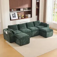 OKWISH Hoekbank voor 4 personen met twee voetsteunen, bank voor de woonkamer met kussens en bekerhouders, Uittrekbare slaapbank met zijvakken, chenille, groen
