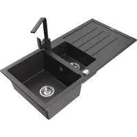 Mexen Andres granieten spoelbak 1,5-kamer met afdruiprek en keukenkraan Rita, zwart gespikkeld - 6515-76-670300-76