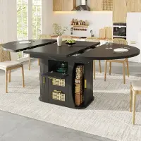 OKWISH Uitschuifbare Eettafel – Met Opbergruimte En Rotanlook Laden – Voor Eetkamer En Keuken – MDF Zwart – 118/158x118x77,1 cm