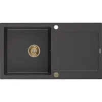 Mexen Leo granieten gootsteen 1-komors met afdruiprek 900 x 500 , zwart gespikkeld, gouden sifon - 6501901010-76-G