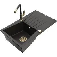Mexen Cesar granieten spoelbak 1-vergiet met afdruiprek en keukenmengkraan Flora, zwart/goud metallic - 6514-75-670401-57-G