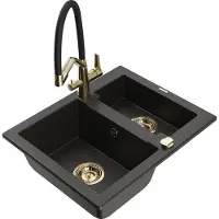 Mexen Carlos granieten gootsteen 1,5-komor met keukenkraan Duo, zwart/goud metallic - 6518-75-671701-57-G