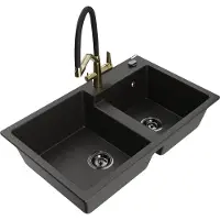 Mexen Tomas granieten gootsteen 2-kamer met keukenmengkraan Duo, zwart/goud metallic - 6516-75-671701-57-B