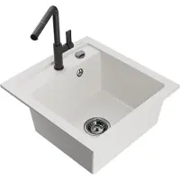 Mexen Vito granieten gootsteen 1-komorige met keukenkraan Flora, wit - 6503-20-670401-70-B