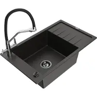 Mexen Elias granieten spoelbak 1-komor met druiprek en keukenmengkraan Duo, zwart/goud metallic - 6511-75-671701-07-B