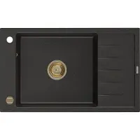 Mexen Elias granieten spoelbak 1-komor met afdruiprek 795 x 480 , zwart/goud metallic, gouden sifon - 6511791005-75-G