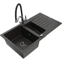 Mexen Matias granieten gootsteen 1,5-kamer met afdruiprek en keukenmengkraan Duo, zwart/goud metallic - 6502-75-671701-07-B