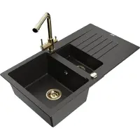 Mexen Matias granieten gootsteen 1,5-komorige met afdruiprek en keukenmengkraan Duero, zwart/goud metallic - 6502-75-671600-50